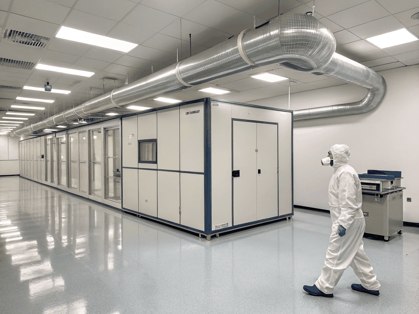 Moderne Lüftungskanäle und Sensorik in einem industriellen Reinraum