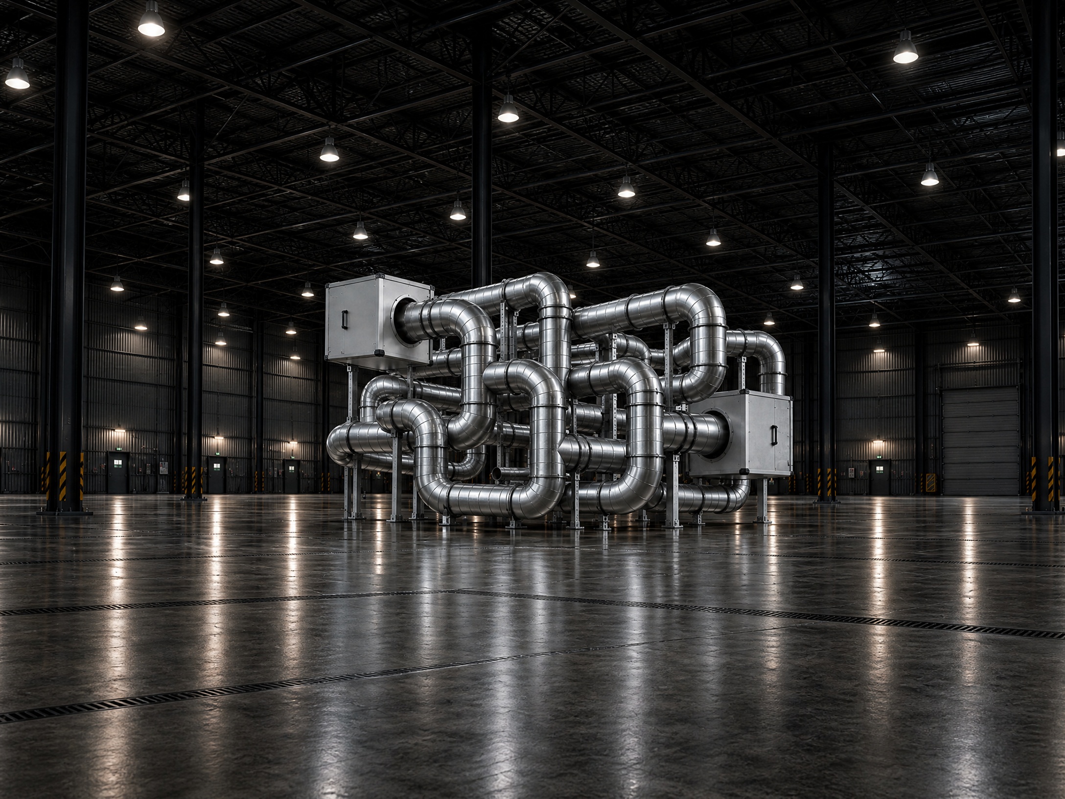 Moderne Industriehalle mit professioneller Lüftungs- und Gebäudetechnik