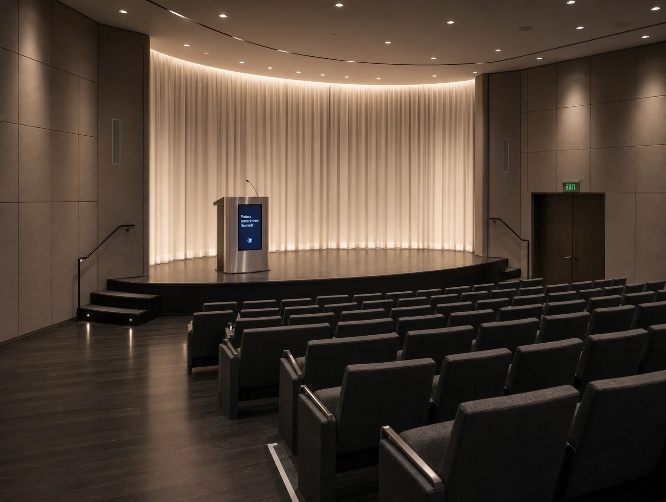 Große Theaterhalle mit sichtbarer Lüftungstechnik an der Decke
