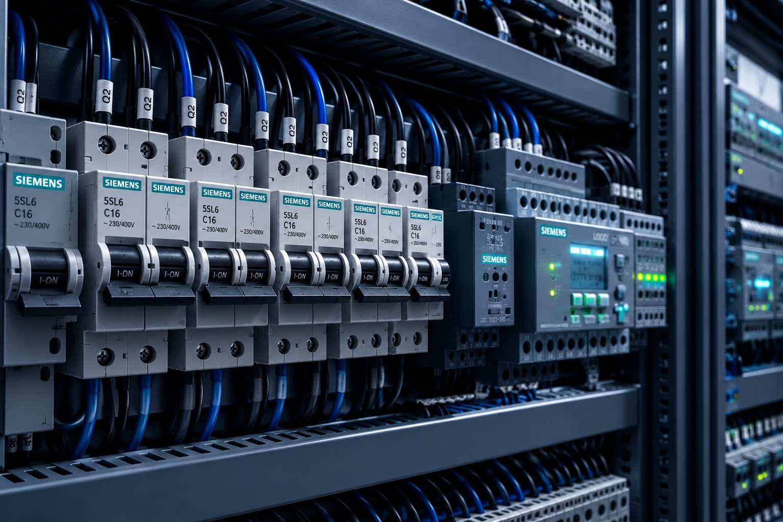Flache Vektorillustration eines Schaltschranks und Elektroleitungen