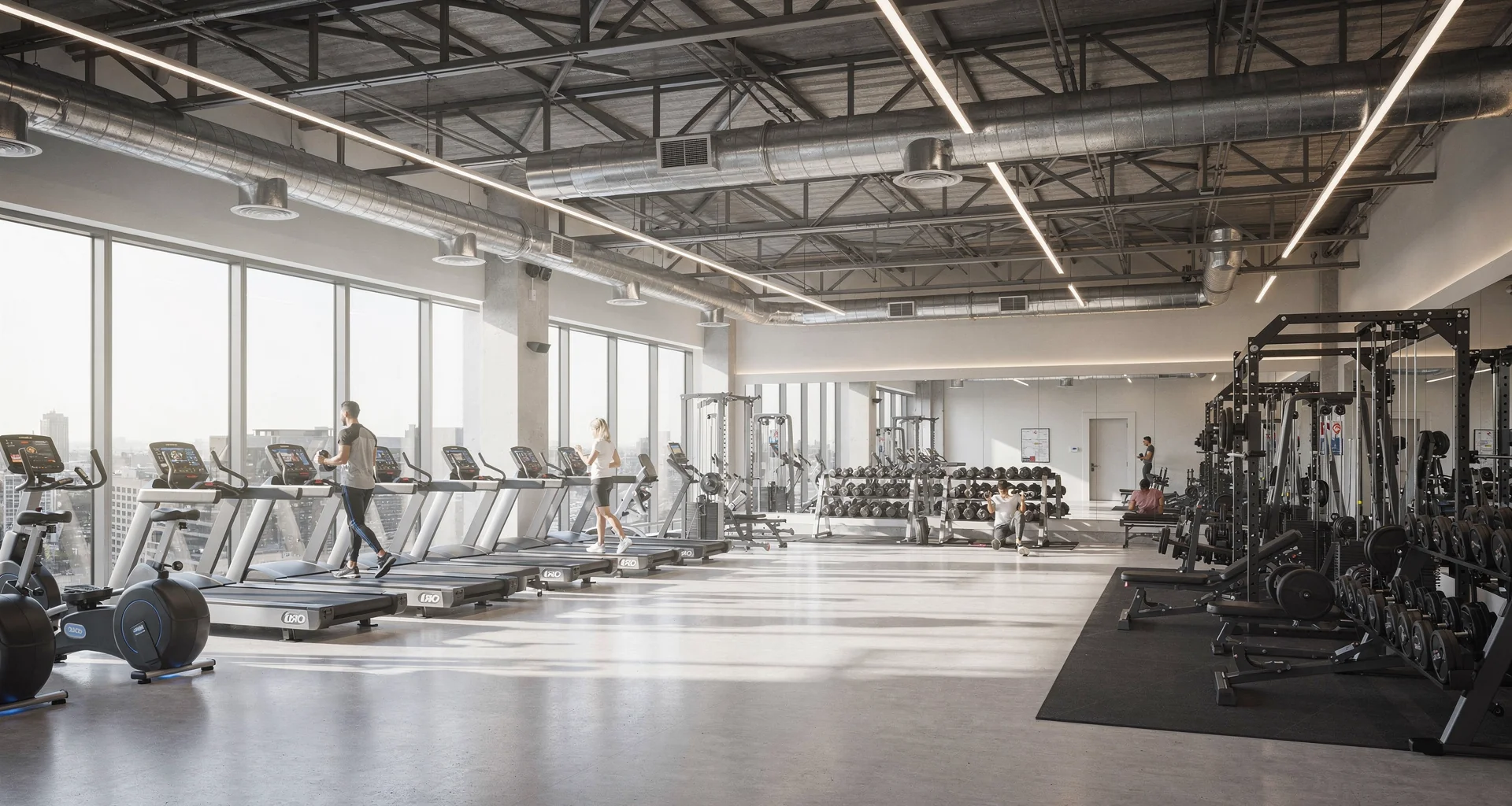 Modernes helles Fitnessstudio mit sichtbarer Lüftungs- und Klimatechnik an der Decke